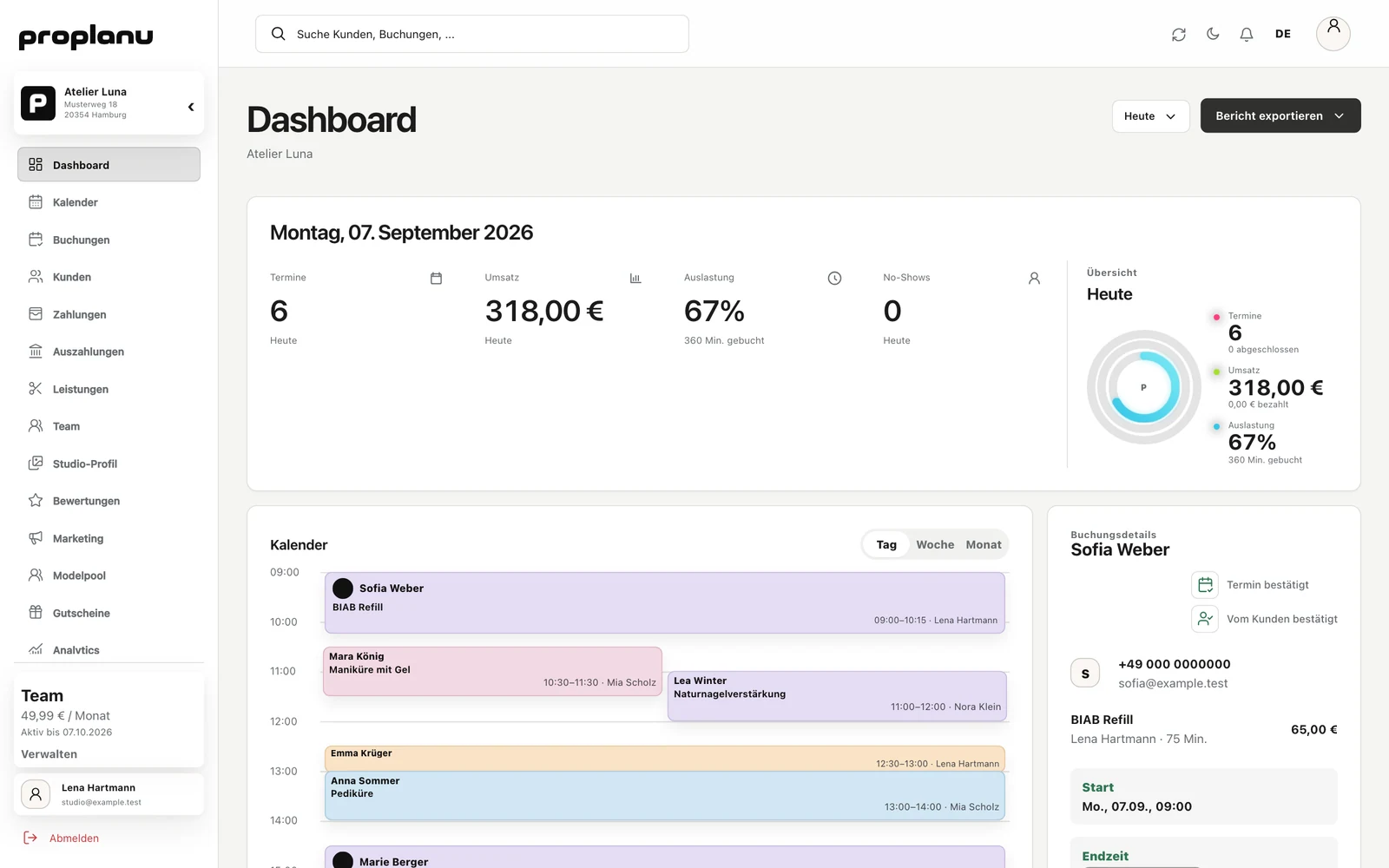 Das echte PROPLANU Dashboard mit Profil, Tagesübersicht, Kennzahlen und Terminkalender